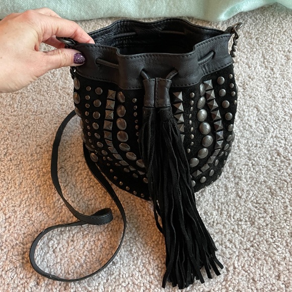 Ecote Leather Black Studded Crossbody Bucket Bag Purse Suede Bohemian Rock Indie - Picture 6 of 15